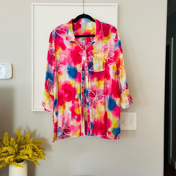 MULTIPLES Bright Colored Lightweight Floral Button Front Blouse Pink Blue XL - Picture 1 of 10
